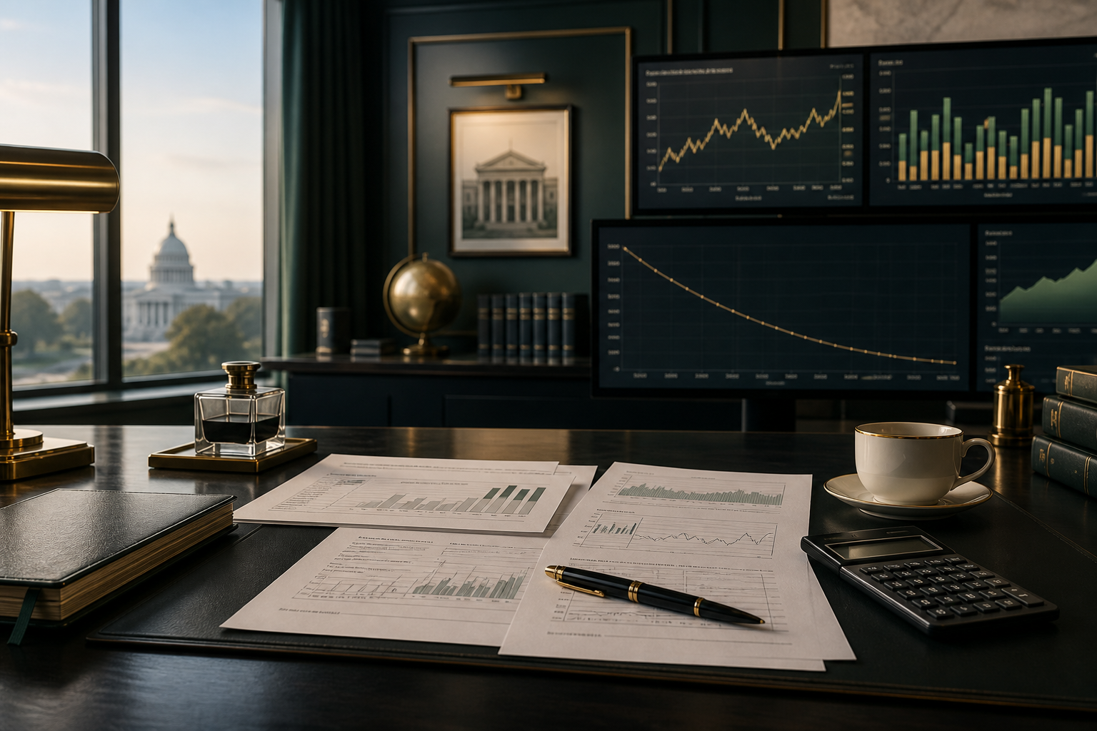 A quiet institutional research desk at dusk, yield-curve charts steepening under a single lamp