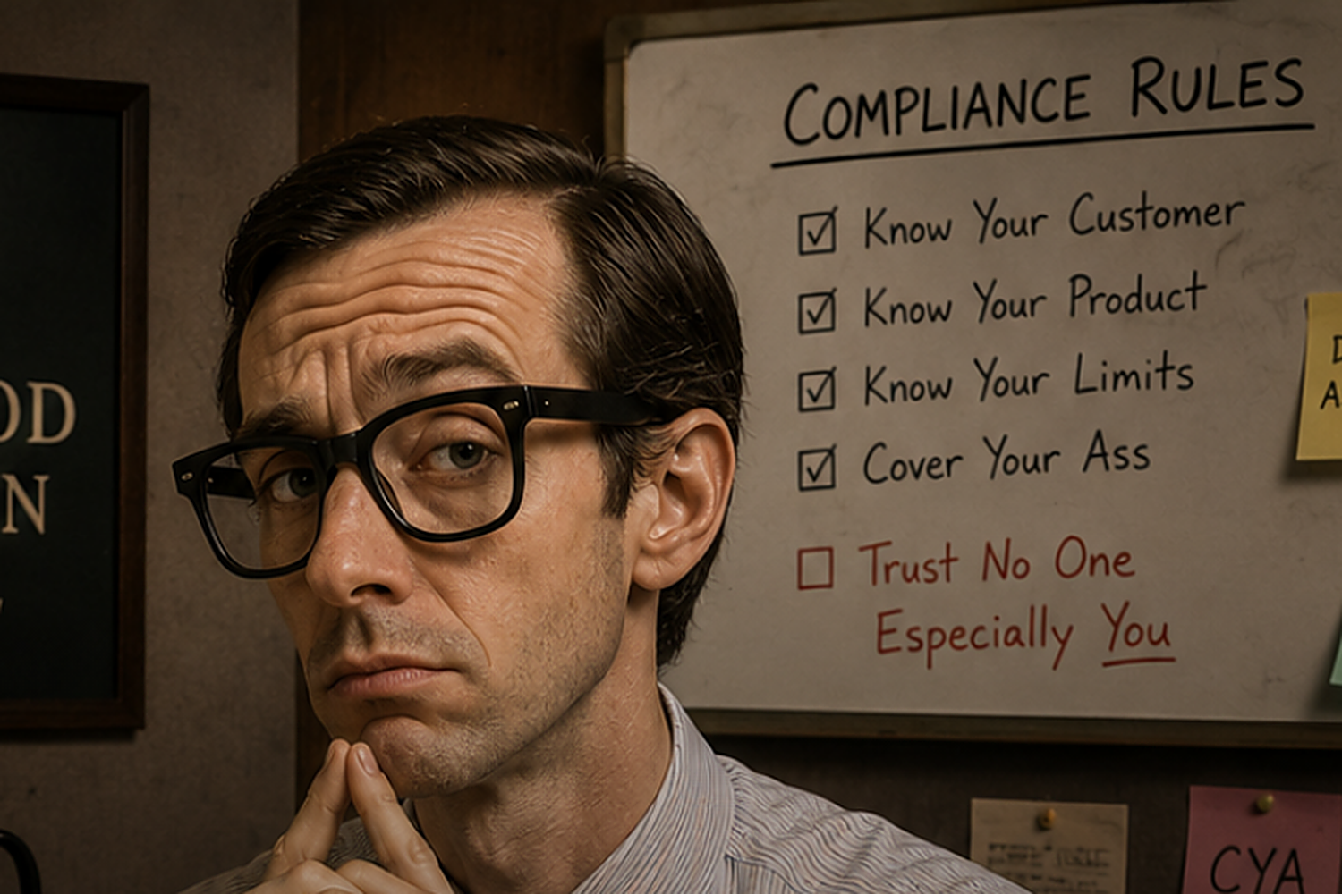 Portrait of Compliance Charlie at his desk with the Bushwood Stratton Capital plaque and compliance rules whiteboard