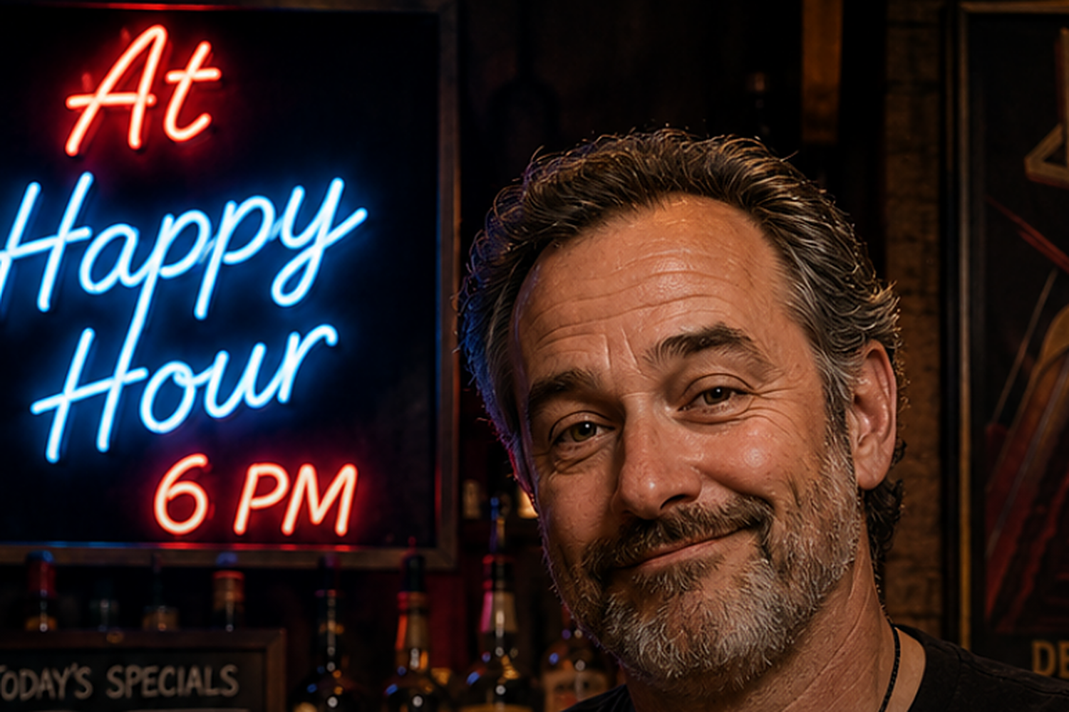 Portrait of Sam the Bartender behind his bar under the neon At Happy Hour sign